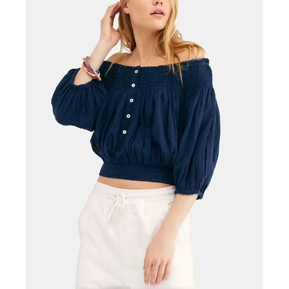 NEW Free People Navy Dancing Till Dawn Off the Shoulder Cotton Cropped Top Sz XS